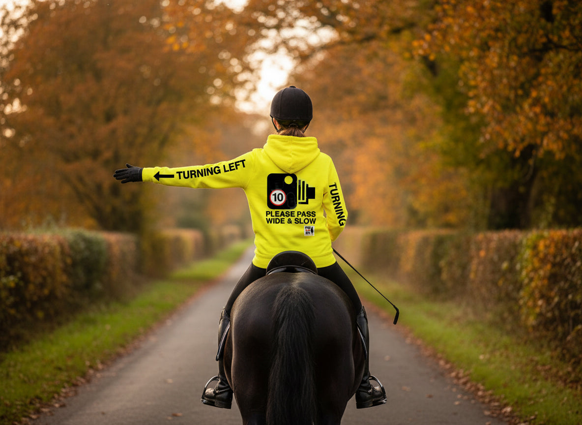 Official PW&S High Visibility Hi Vis Equestrian Neon Electric Hoodie - CAMERA, TURNING LEFT & RIGHT hi-viz
