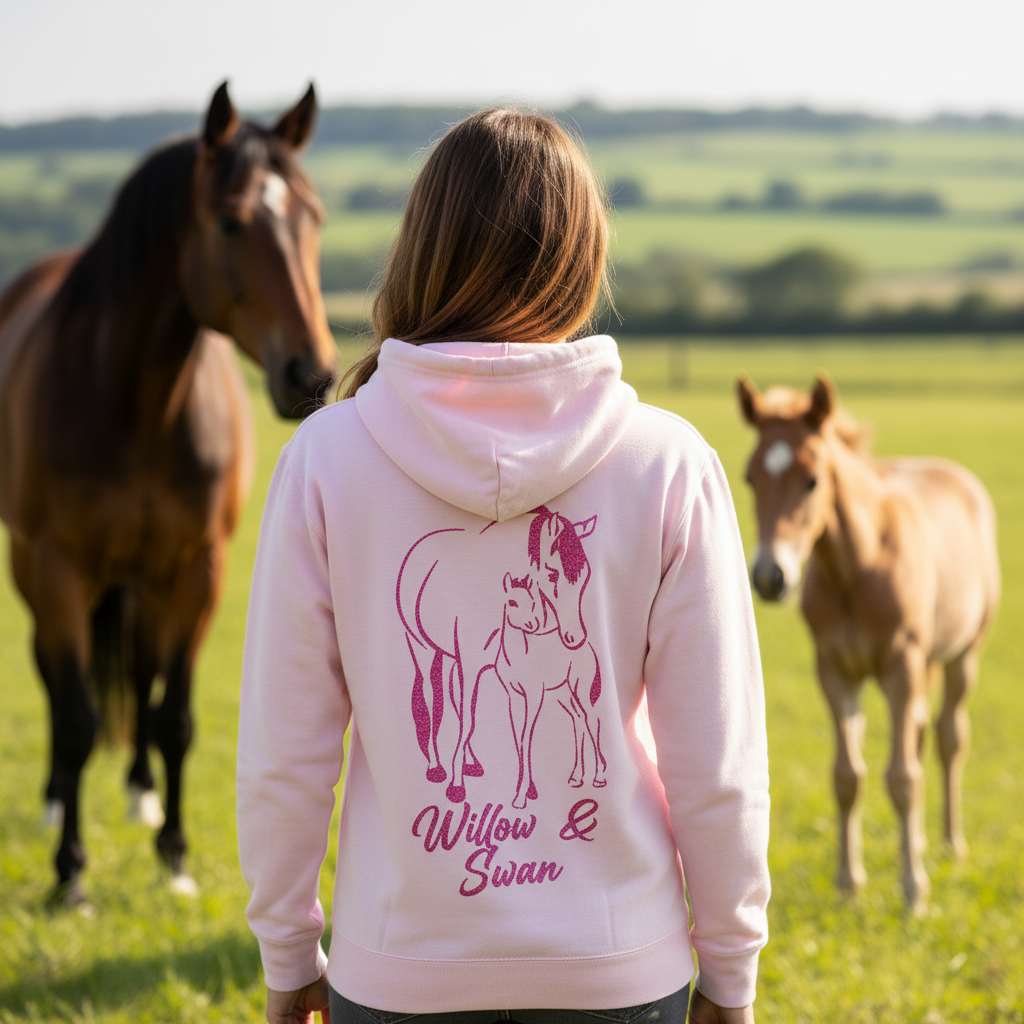 Personalised Glitter Equestrian Hoodie - Mare & Foal Design