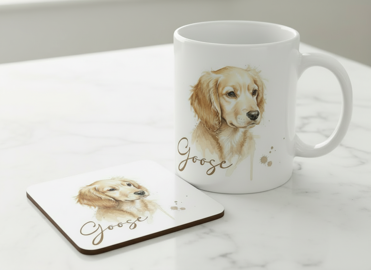 Custom Dog Watercolour Coaster & Mug Set - Personalised Pet Portrait with Name – Ideal Gift for Dog Lovers