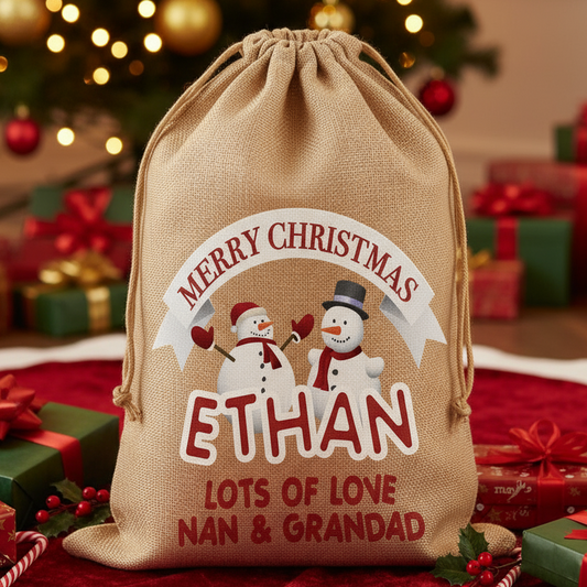 Personalised Christmas Sack - Snowmen, Custom Name Gift Bag stocking