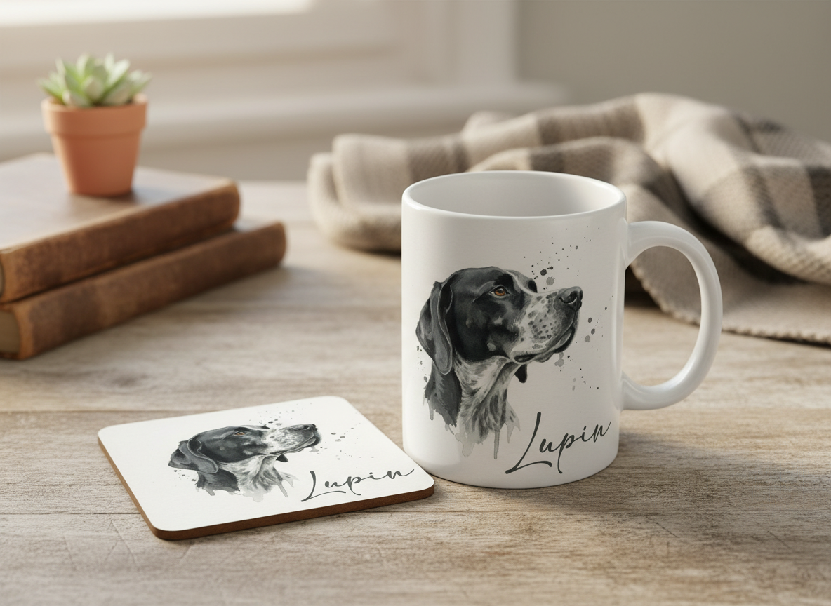 Custom Dog Watercolour Coaster & Mug Set - Personalised Pet Portrait with Name – Ideal Gift for Dog Lovers