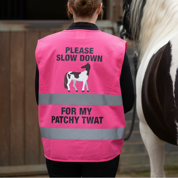 High Visibility Hi Vis Equestrian Reflective Vest Tabard Waistcoat SLOW DOWN FOR MY PATCHY TWAT