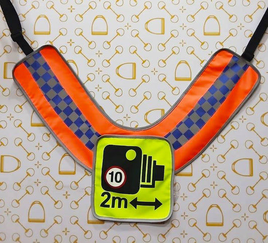 PRE ORDER - CHEQUERED Official PW&S High Visibility Equestrian Reflective Horse Breastplate With Camera Symbol and 2m Distance