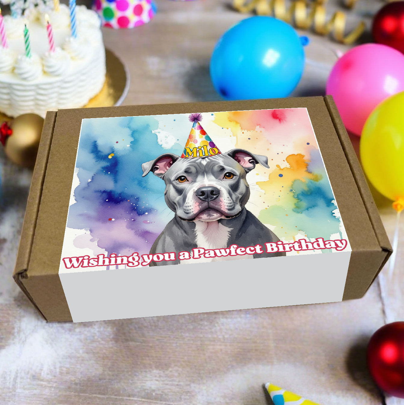 Any Dog Breed – Personalised Birthday Dog Treat Box – Party Puppy Treats – Dog Birthday Gift Box – Dogs Birthday Present