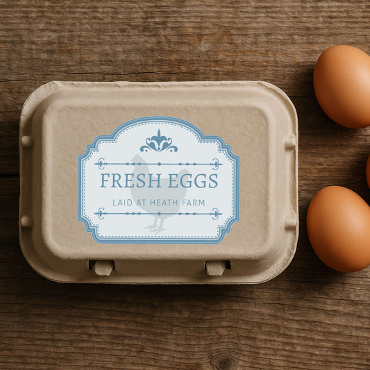 Personalised Vintage Blue Egg Box Labels – Fresh Eggs, Laid at Your Location