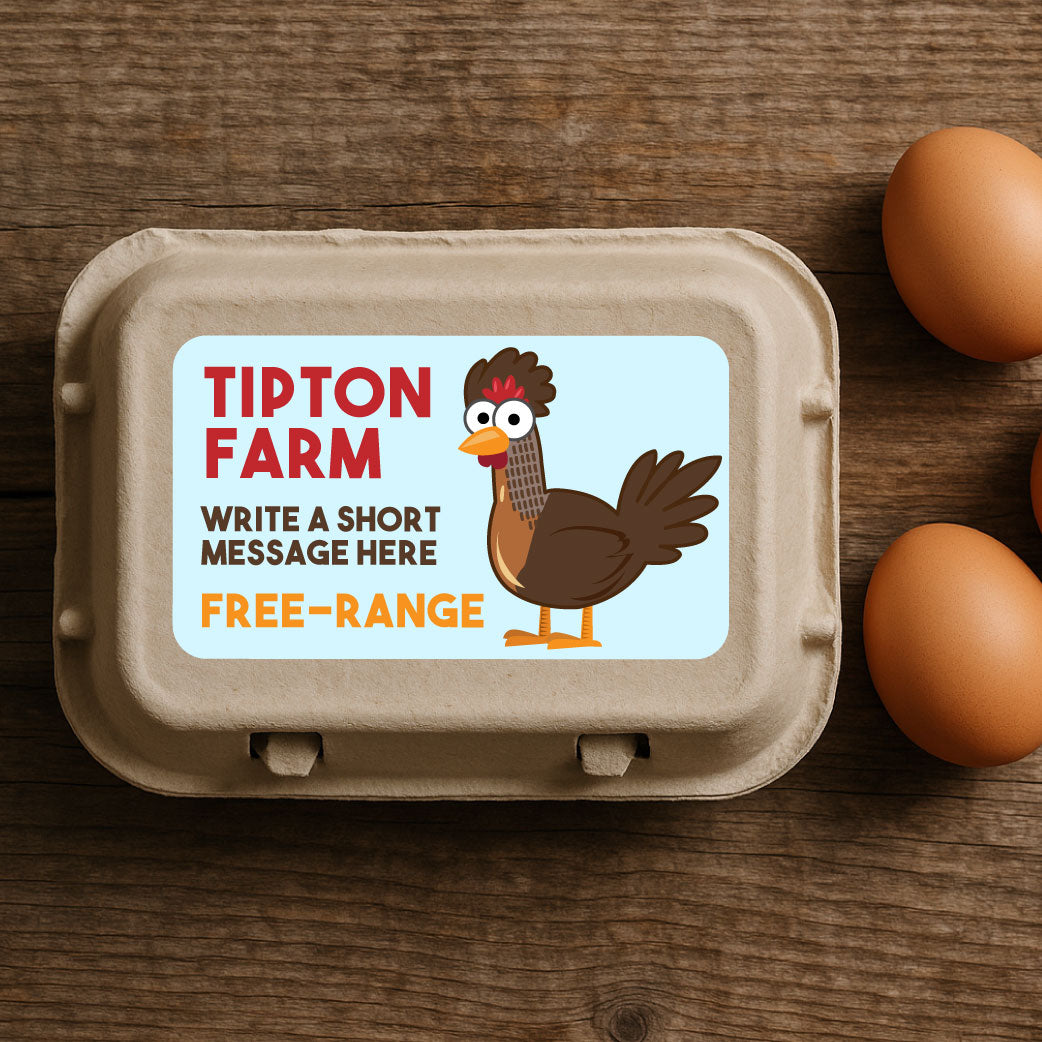 Personalised Cartoon Chicken Egg Box Labels – Custom Farm Name & Message