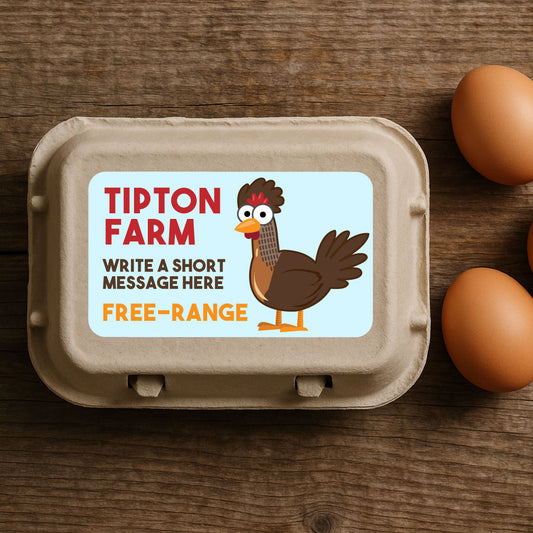 Personalised Cartoon Chicken Egg Box Labels – Custom Farm Name & Message
