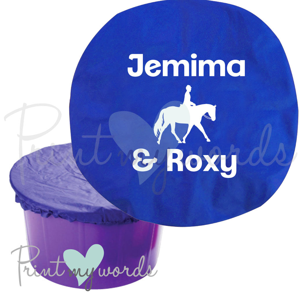 Personalised Horse Bucket Feed Bowl Cover - Dressage Design