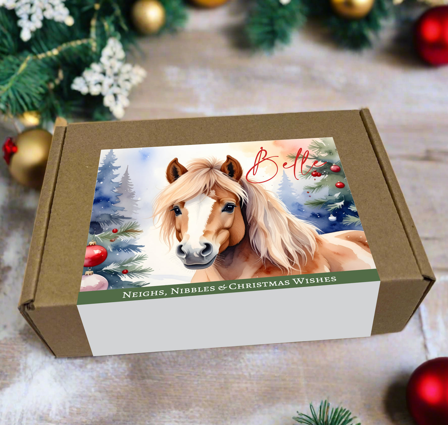Personalised Christmas Horse Treat Box – Festive Pony Gift with Name