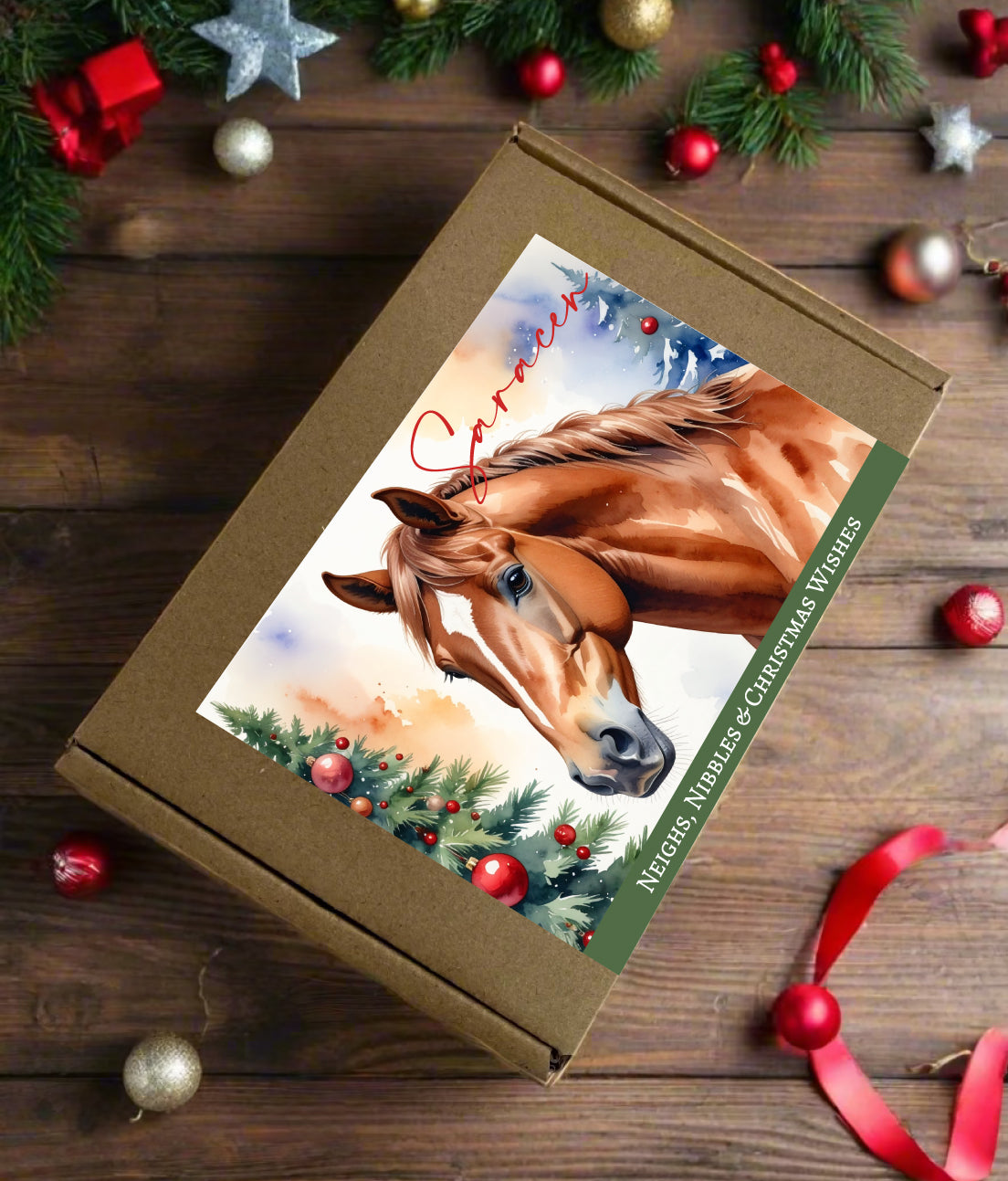 Personalised Christmas Horse Treat Box – Festive Pony Gift with Name
