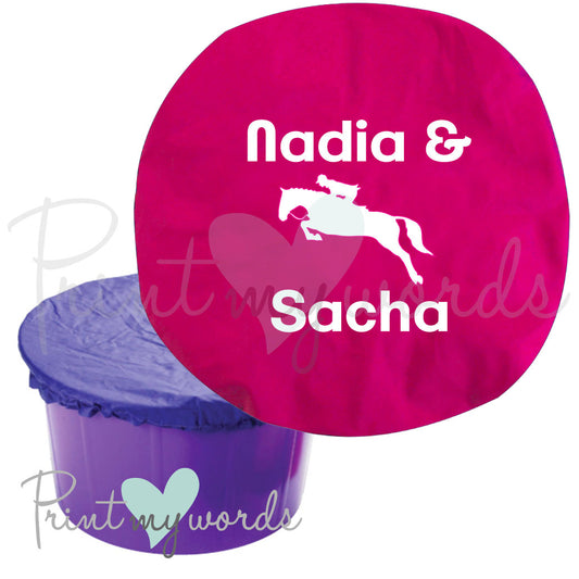 Personalised Horse Bucket Feed Bowl Cover - Jumping Design
