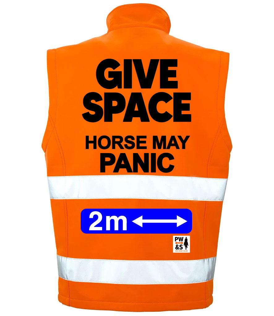 Official PW&S Unisex Hi Vis Equestrian Softshell Gilet – “Give Space, Horse May Panic, 2m” Safety Vest