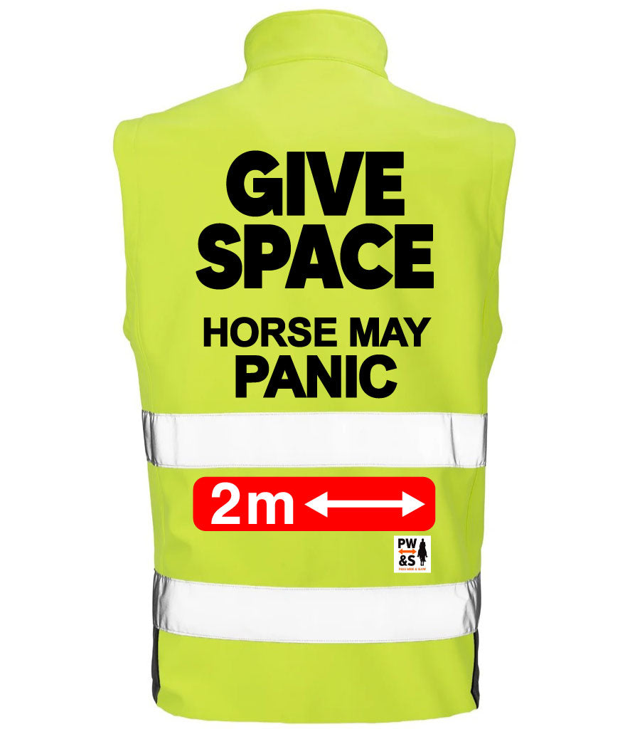 Official PW&S Unisex Hi Vis Equestrian Softshell Gilet – “Give Space, Horse May Panic, 2m” Safety Vest