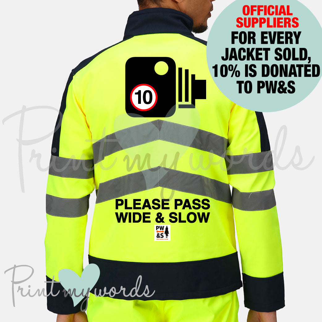 Official PW&S High Visibility Hi Vis Equestrian Reflective Pro Softshell Jacket Coat CAMERA, 10mph, PLEASE PASS WIDE & SLOW