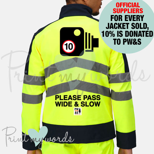 Official PW&S High Visibility Hi Vis Equestrian Reflective Pro Softshell Jacket Coat CAMERA, 10mph, PLEASE PASS WIDE & SLOW
