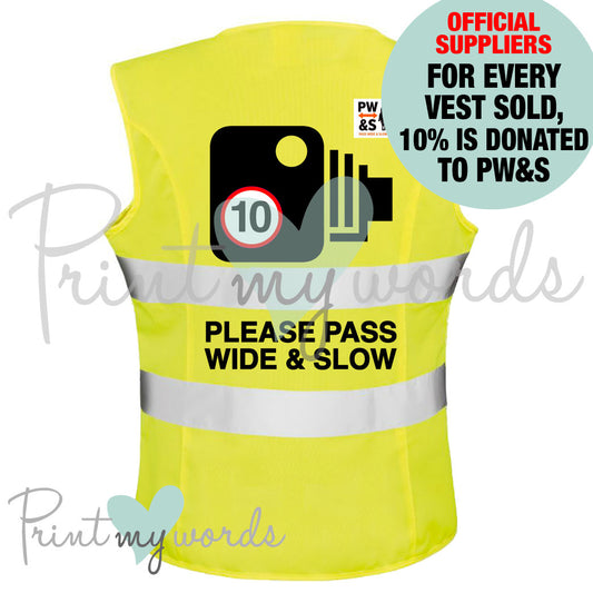 Ladies Official PW&S High Visibility Hi Vis Equestrian Reflective Vest CAMERA, 10mph, PLEASE PASS WIDE & SLOW