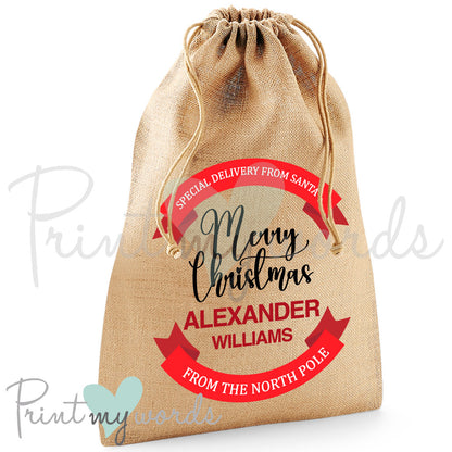 Personalised Christmas Sack – ‘Special Delivery North Pole’ Design – Custom Name Gift Bag