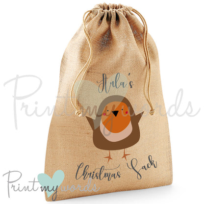 Personalised Christmas Sack – Cute Robin Design – Custom Name Gift Bag