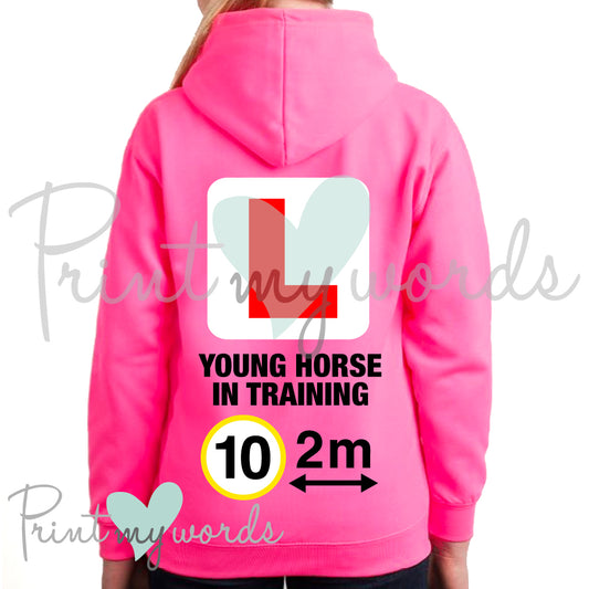 High Visibility Hi Vis Equestrian Neon Electric Hoodie - L PLATE, YOUNG HORSE, 10MPH 2M hi-viz