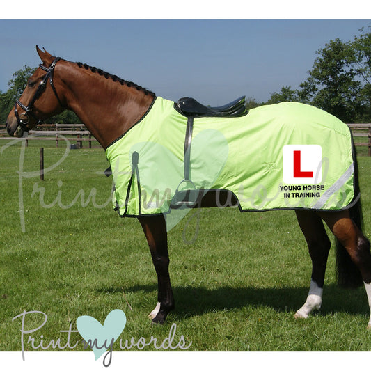 High Visibility Hi Vis Equestrian Horse Reflective Ride-On Exercise Rug - L PLATE