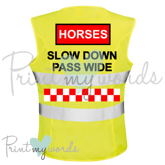 High Visibility Hi Vis Equestrian Reflective Vest Tabard Waistcoat HORSES SLOW DOWN PASS WIDE