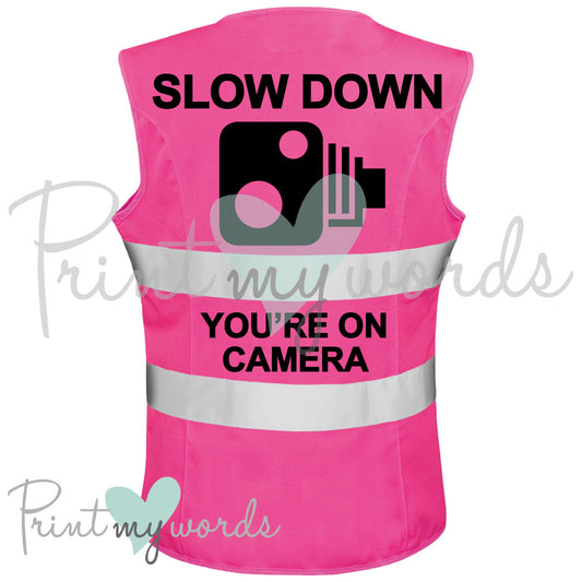 High Visibility Hi Vis Equestrian Reflective Vest Tabard Waistcoat SLOW DOWN YOU'RE ON CAMERA hi-viz