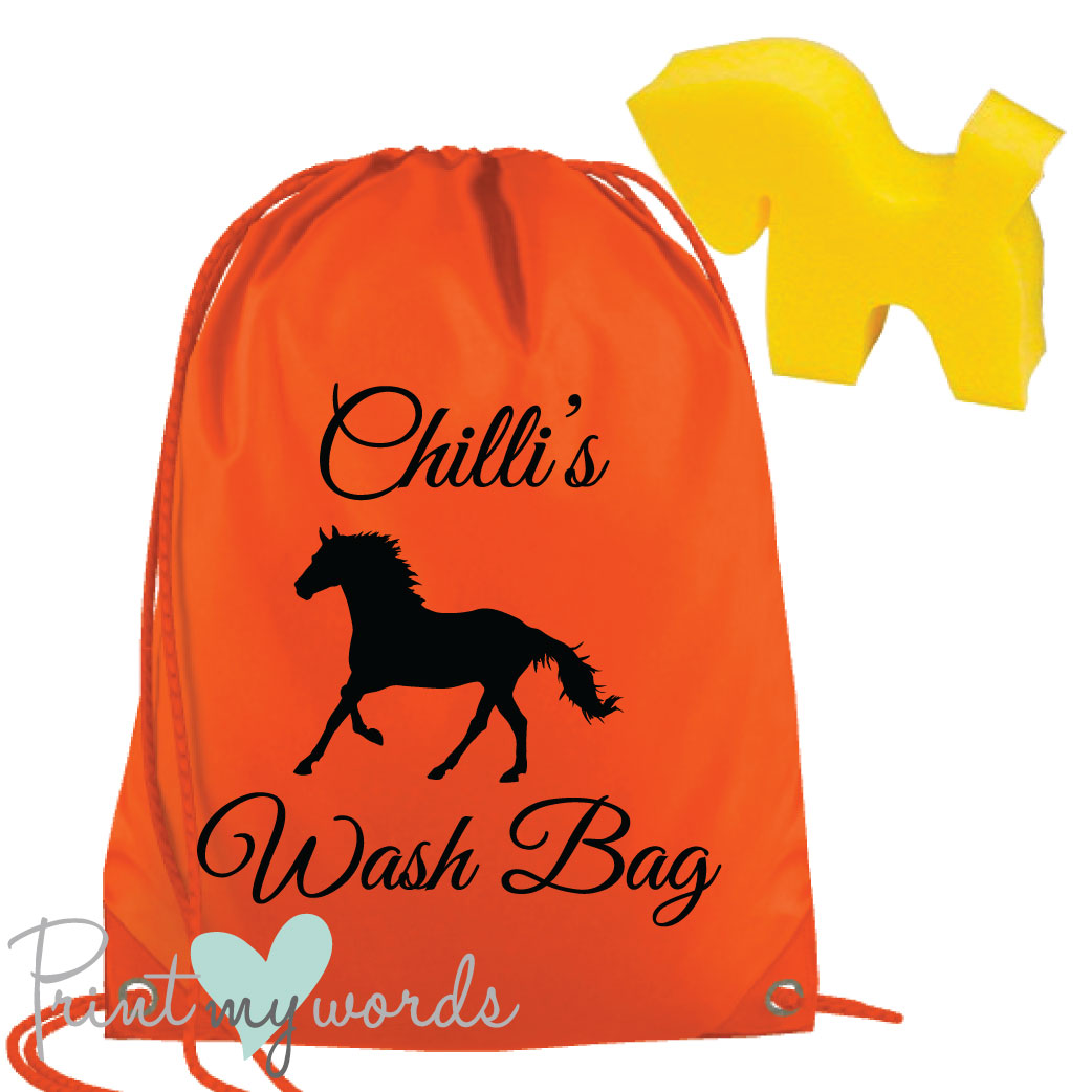 Personalised Equestrian Drawstring Wash Bag - Scroll Design