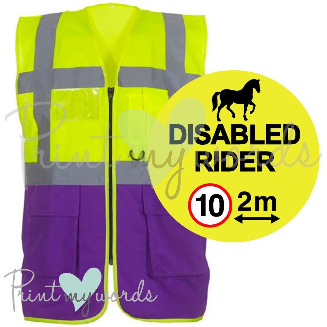 High Visibility Hi Vis Equestrian Reflective Vest Tabard Waistcoat DISABLED  RIDER, 10MPH 2M hi-viz