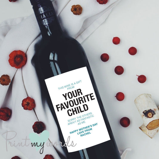 Favourite Child Personalised Mother's Day Wine Bottle Label