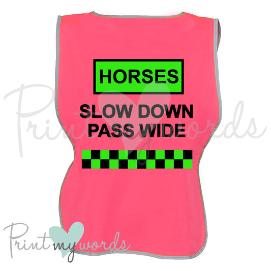 High Visibility Hi Vis Equestrian Reflective Vest Tabard Waistcoat HORSES SLOW DOWN PASS WIDE