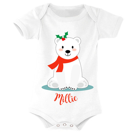 Christmas Polar Bear Personalised Baby Vest Bodysuit Onesie