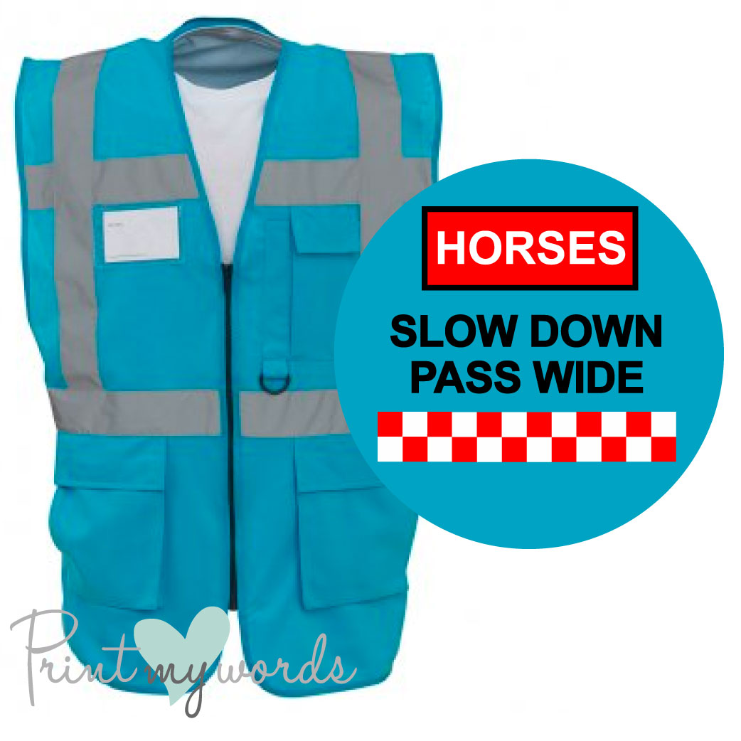 High Visibility Hi Vis Equestrian Reflective Vest Tabard Waistcoat HORSES SLOW DOWN PASS WIDE