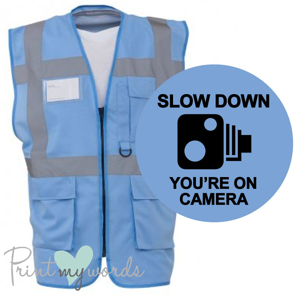 High Visibility Hi Vis Equestrian Reflective Vest Tabard Waistcoat SLOW DOWN YOU'RE ON CAMERA hi-viz